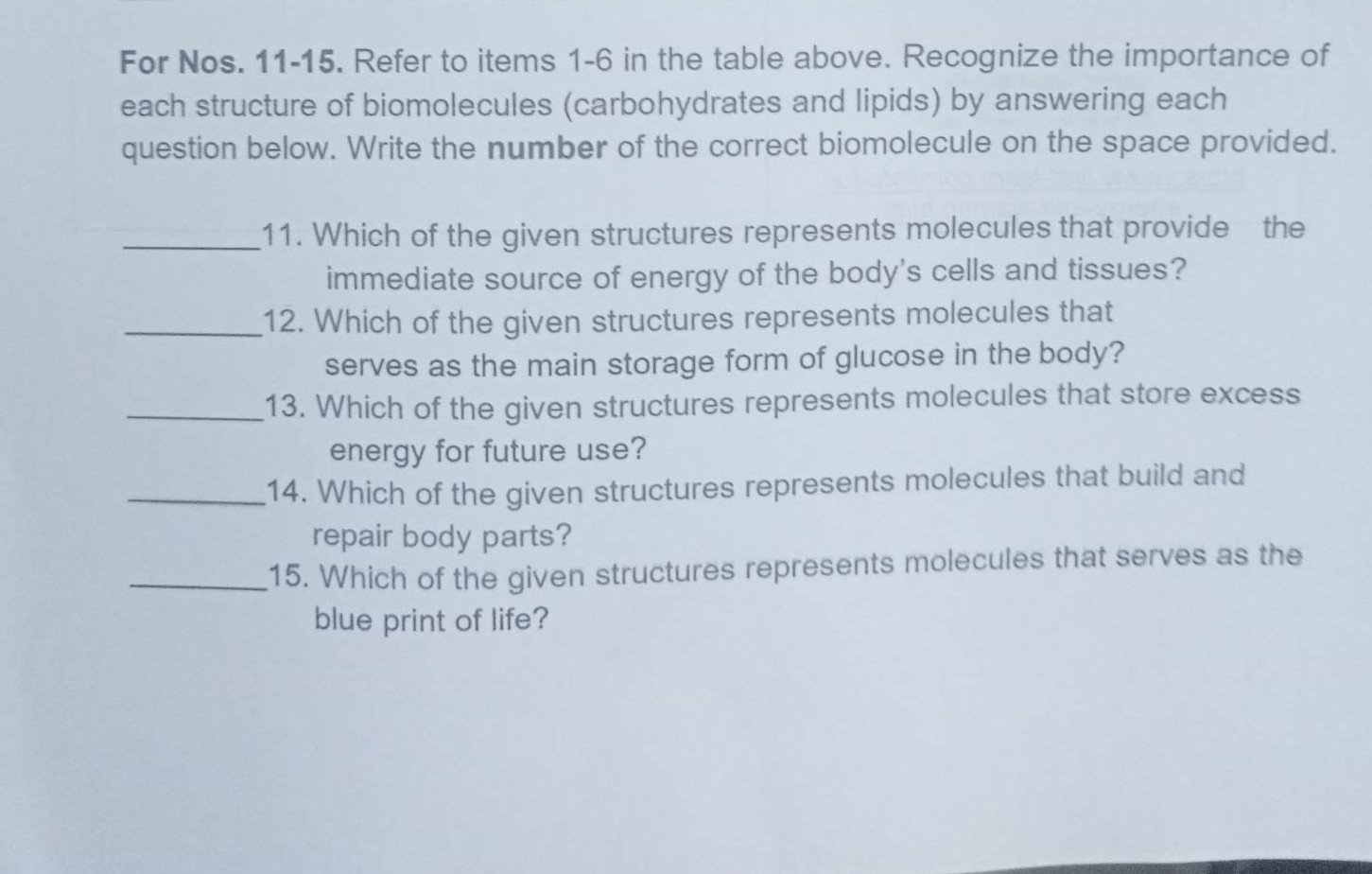 SOLVED For Nos. 1115. Refer to items 16 in the table above