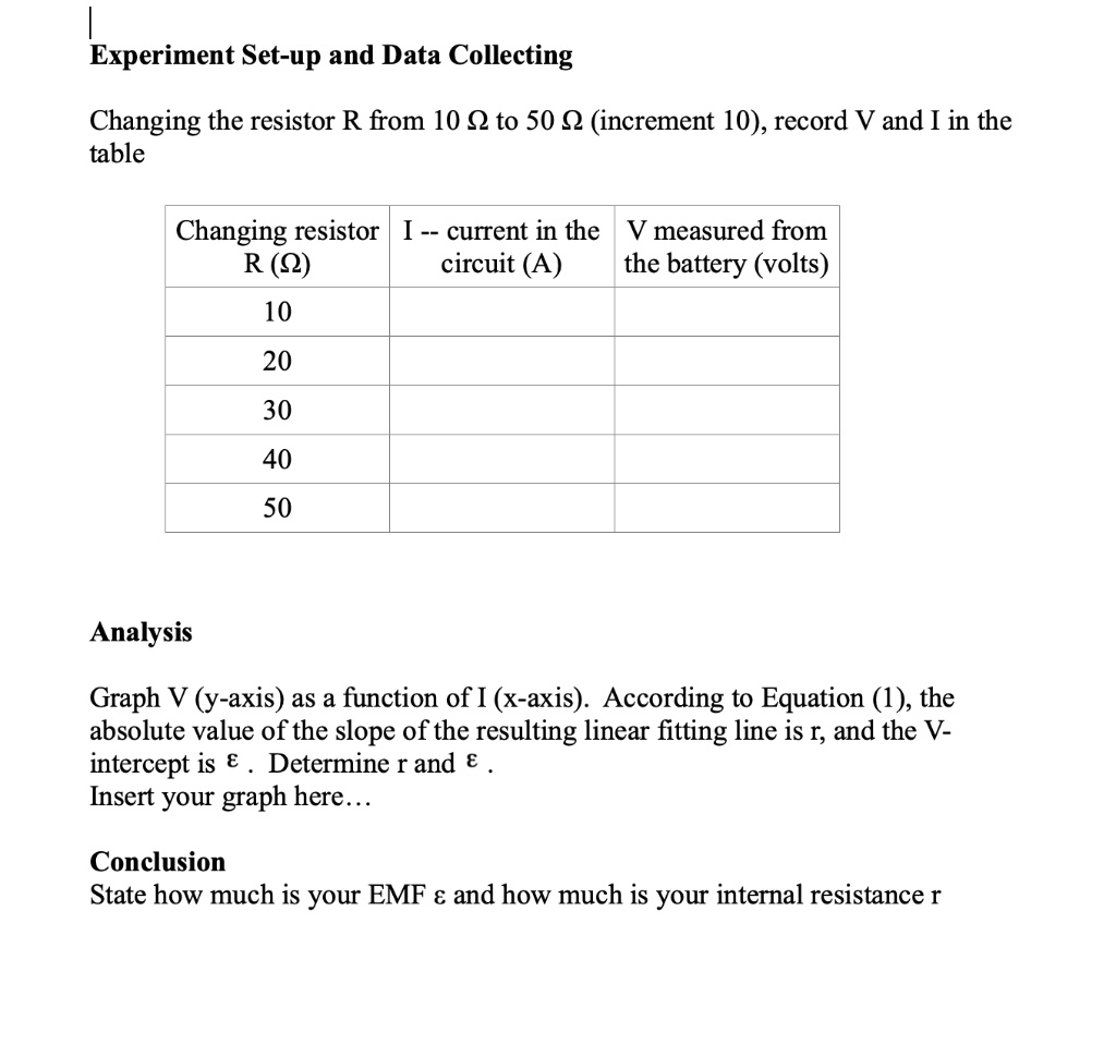 experiment set up and data collecting changing the resistor r from 10 q to 50 q increment 10 record v and i in the table changing resistor current in the v measured from r q circuit a the ba 75257