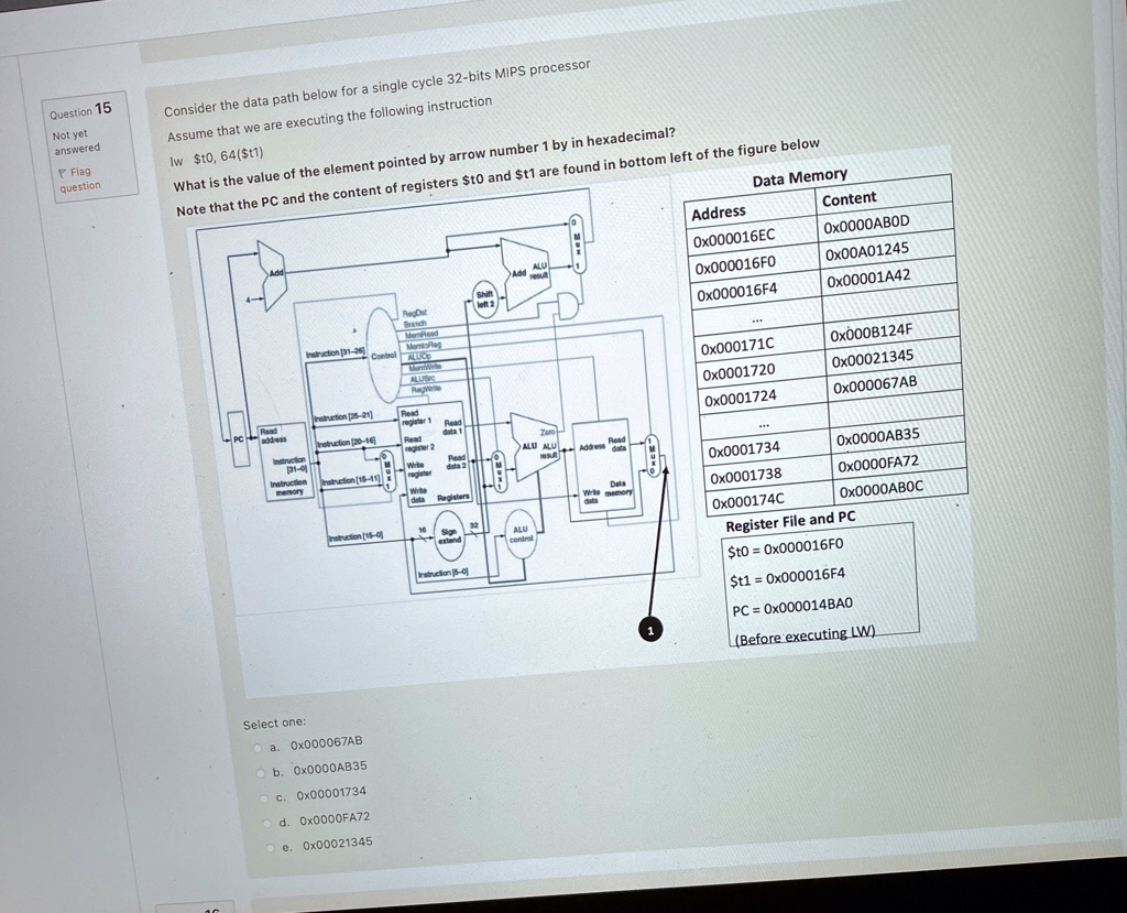 consider the data path below for a single cycle 32 bits mips processor assume that we are executing the following instruction lw t0 64t1 what is the value of the element pointed by arrow num 63462