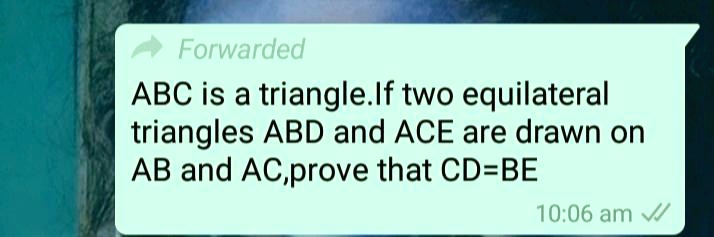 ABC is a triangle. If two equilateral triangles ABD and ACE are drawn on AB and AC,prove that CD=BE