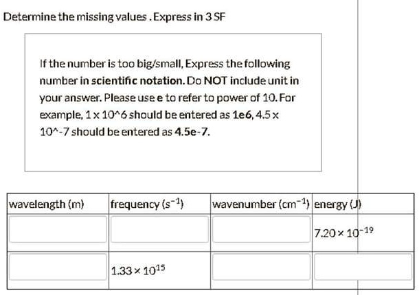 Solved Determine The Missing Values Express In 3 Sf Ifthe Number Is Too Bigtsmall Express The Following Number In Scientific Notation Do Not Include Unit In Your Answer Please Use E To