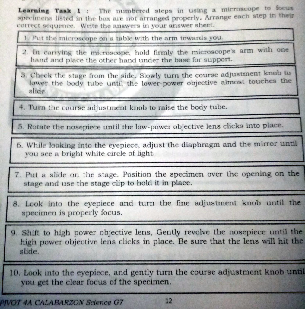 SOLVED Learning Task 1 The Numbered Steps In Using A Microscope To 