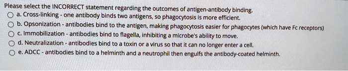 Please select the INCORRECT statement regarding the outcomes of antigen-antibody binding.
a. Cross-linking - one antibody binds two antigens, so phagocytosis is more efficient.
b. Opsonization - antibodies bind to the antigen, making phagocytosis easier for phagocytes (which have Fc receptors)
c. Immobilization - antibodies bind to flagella, inhibiting a microbe's ability to move.
d. Neutralization - antibodies bind to a toxin or a virus so that it can no longer enter a cell.
e. ADCC - antibodies bind to a helminth and a neutrophil then engulfs the antibody-coated helminth.