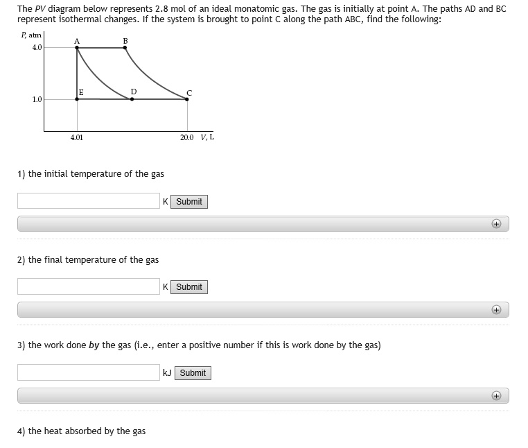 SOLVED: The PV diagram below represents 2.8 mol of an ideal monatomic ...