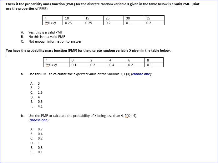 SOLVED: Check if the probability mass function (PMF) for the discrete ...