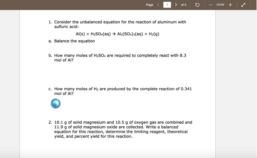 SOLVEDZOOM + > Page of 2 Consider the unbalanced equation for the