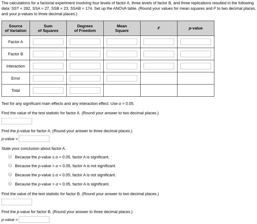 SOLVED: The calculations for a factorial experiment involving four ...