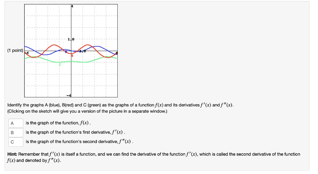 Identify the graphs A (blue), B(red) and C (green) as the graphs of a function f(x) and its derivatives f'(x) and f”(x). (Clicking on the sketch will give you a version of the picture in a separate window.)

A is the graph of the function, f(x).
B is the graph of the function's first derivative, f'(x).
C is the graph of the function's second derivative, f”(x).

Hint: Remember that f'(x) is itself a function, and we can find the derivative of the function f'(x), which is called the second derivative of the function f(x) and denoted by f”(x).