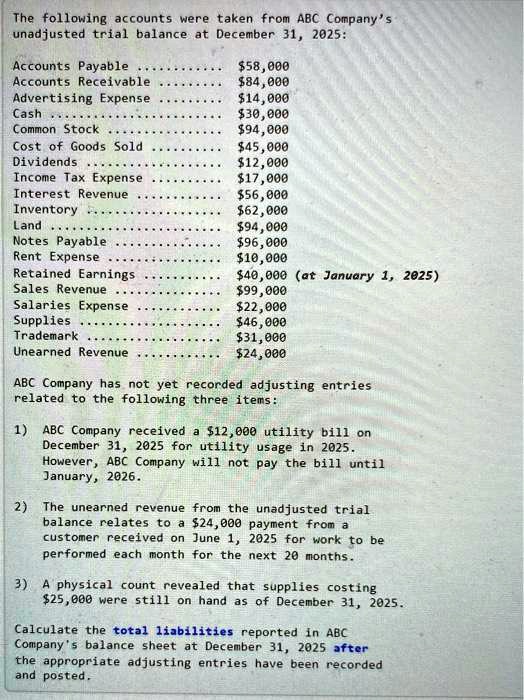 SOLVED Please calculate total liabilities after adjusting entries have