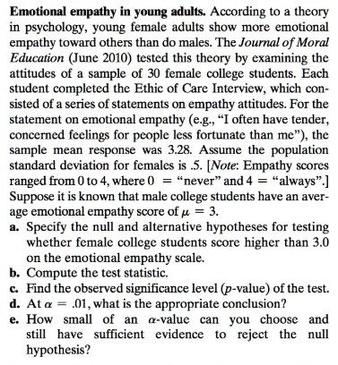 Emotional empathy in young adults. According to a theory in psychology, young female adults show more emotional empathy toward others than do males. The Journal of Moral Education (June 2010) tested this theory by examining the attitudes of a sample of 30 female college students. Each student completed the Ethic of Care Interview, which consisted of a series of statements on empathy attitudes. For the statement on emotional empathy (e.g., "I often have tender, concerned feelings for people less fortunate than me"), the sample mean response was 3.28. Assume the population standard deviation for females is .5. [Note: Empathy scores ranged from 0 to 4, where 0 = "never" and 4 = "always".] Suppose it is known that male college students have an average emotional empathy score of ? = 3.
a. Specify the null and alternative hypotheses for testing whether female college students score higher than 3.0 on the emotional empathy scale.
b. Compute the test statistic.
c. Find the observed significance level (p-value) of the test.
d. At ? = .01, what is the appropriate conclusion?
e. How small of an ?-value can you choose and still have sufficient evidence to reject the null hypothesis?