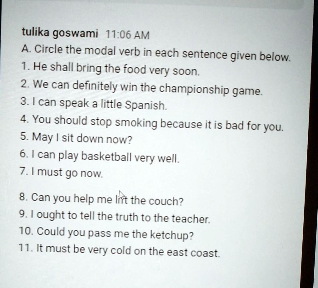 SOLVED: 'Circle the modal verb in each sentence given below.'