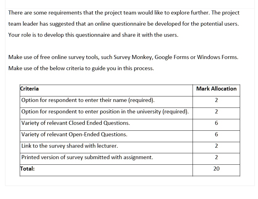 Question Requirements There are some requirements that the project team would like...