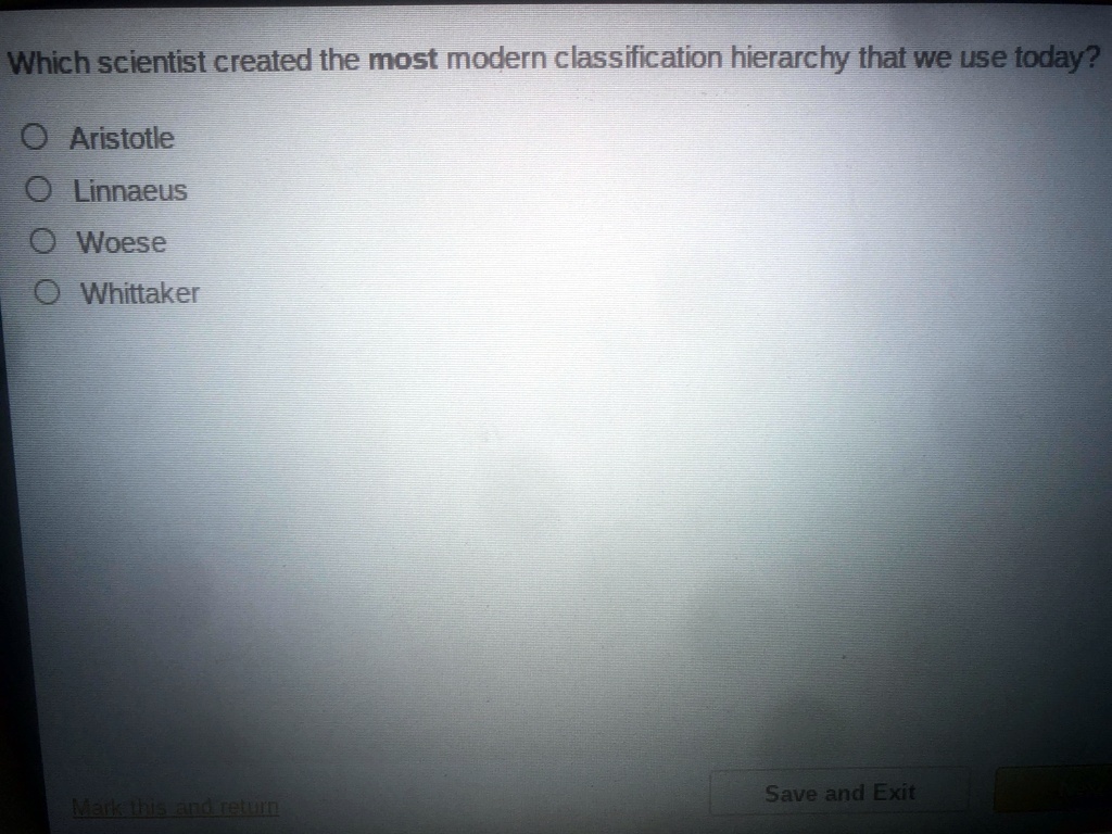 Which scientist created the most modern classification hierarchy that we use today?
Aristotle
Linnaeus
Woese
Whittaker