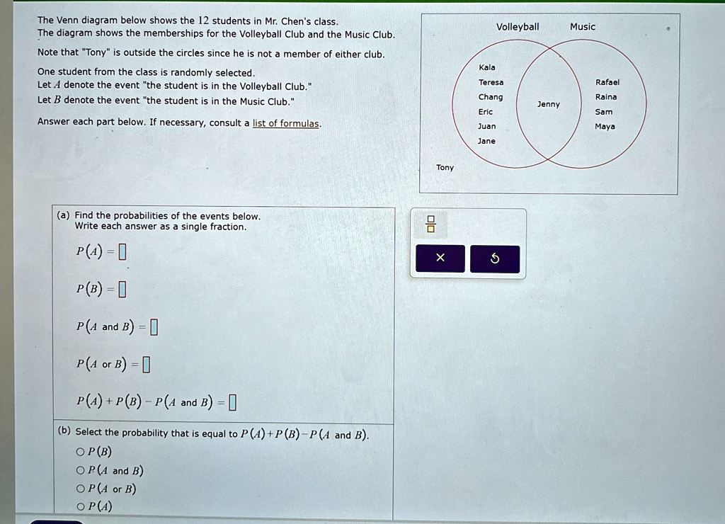 the venn diagram below shows the 12 students in mr chens class the diagram shows the memberships for the volleyball club and the music club note that tony is outside the circles since he is  44655