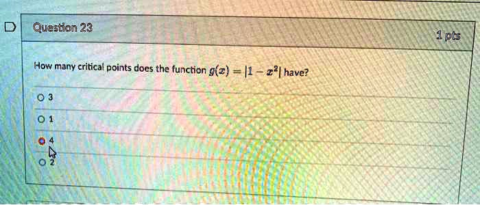 Question 23
How many critical points does the function g(x) = |1 - x^2| have?
0 3
0 1
0 4
0 2
1 pts