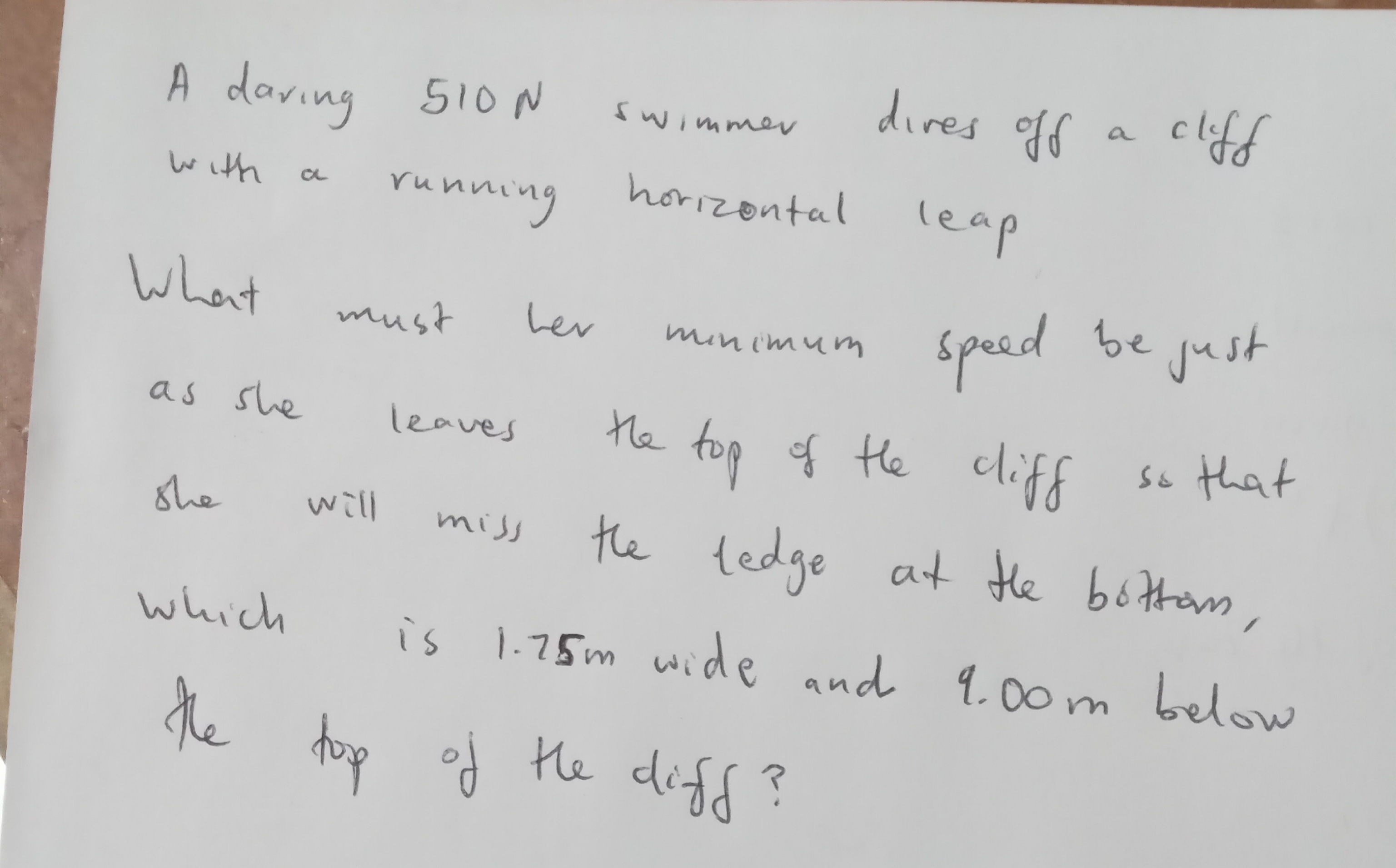 SOLVED: A daving 510 N swimmer dires off a cleff with a running ...