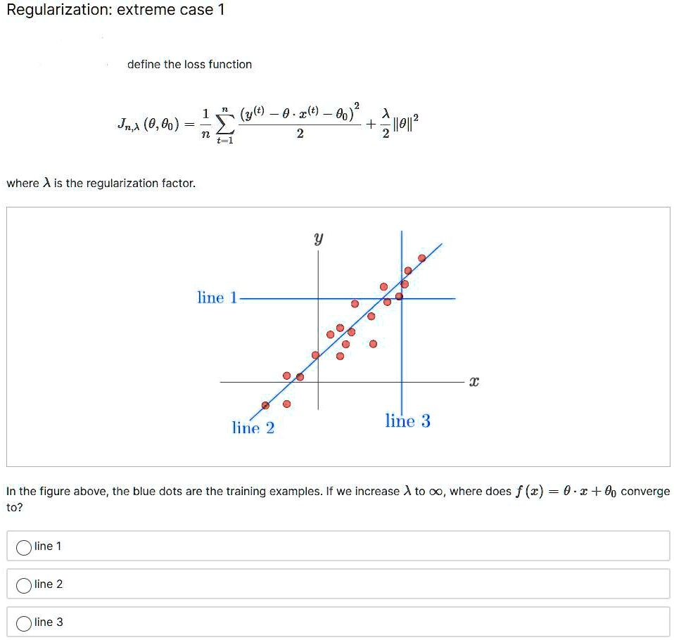 Regularization: extreme case 1

define the loss function

Jn, lambdaleft(	heta, 	heta0ight)=frac1n sumt=1^n fracleft(y^(t)-	heta cdot x^(t)-	heta0ight)^22+fraclambda2|	heta|^2

where lambda is the regularization factor.

In the figure above, the blue dots are the training examples. If we increase lambda to infty, where does f(x)=	heta cdot x+	heta0 converge to?

line 1
line 2
line 3