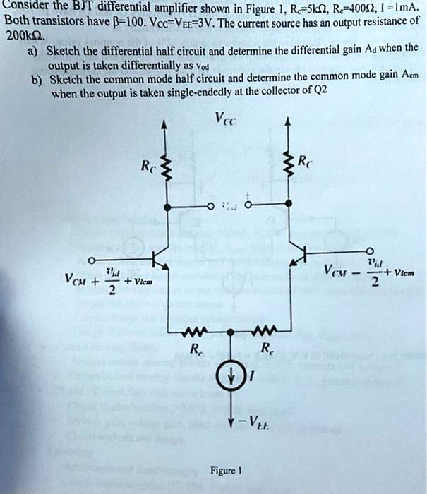 SOLVED: Consider the BJT differential amplifier shown in Figure 1. Both ...