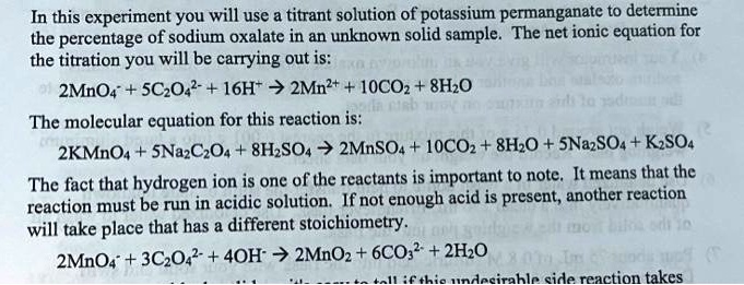 Solved In This Experiment You Will Use A Titrant Solution Of Potassium Permanganate To