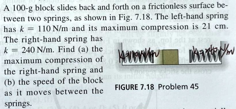 A 100-g block slides back and forth on a frictionless surface between two springs, as shown in Fig. 7.18. The left-hand spring has k = 110 	ext N/m and its maximum compression is 21 cm. The right-hand spring has k = 240 	ext N/m. Find (a) the maximum compression of the right-hand spring and (b) the speed of the block as it moves between the springs.