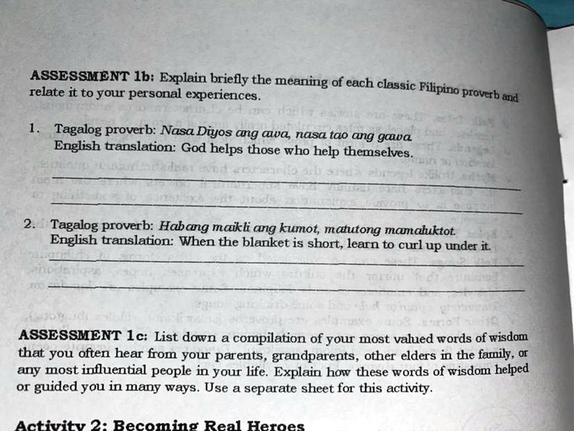 ASSESSMENT 1b Explain briefly the meaning of each classic Filipino