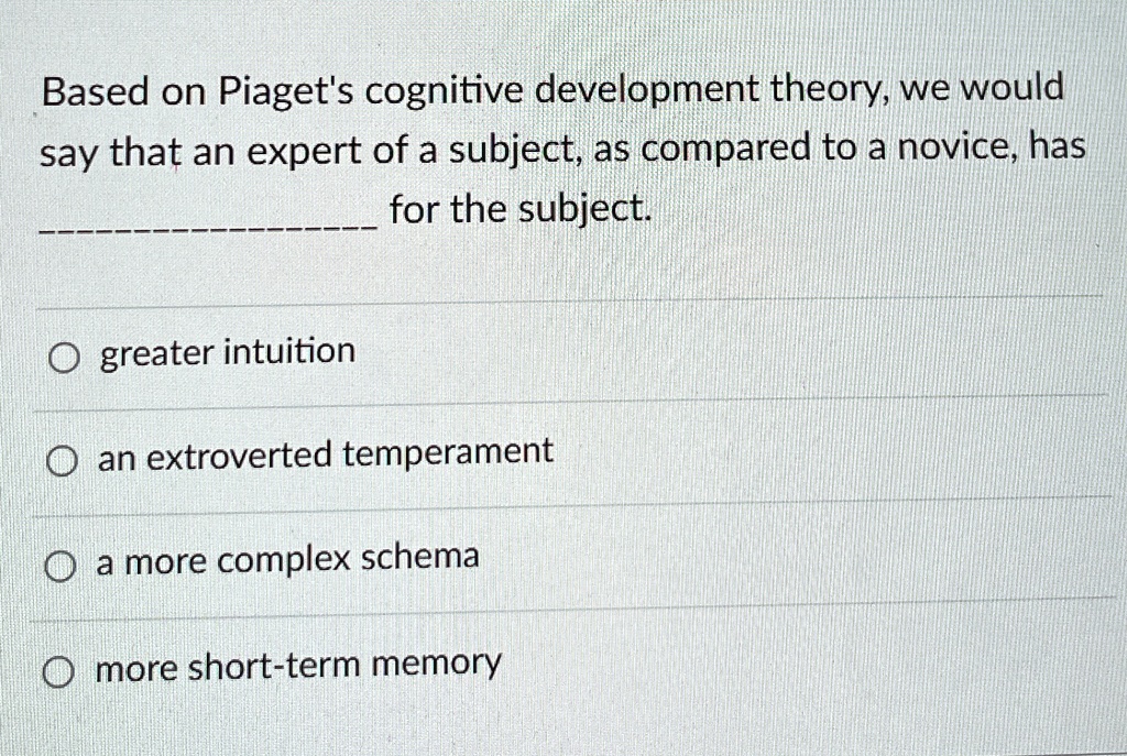 Based on Piaget's cognitive development theory, we would
say that an expert of a subject, as compared to a novice, has
 for the subject.

O greater intuition
O an extroverted temperament
O a more complex schema
O more short-term memory