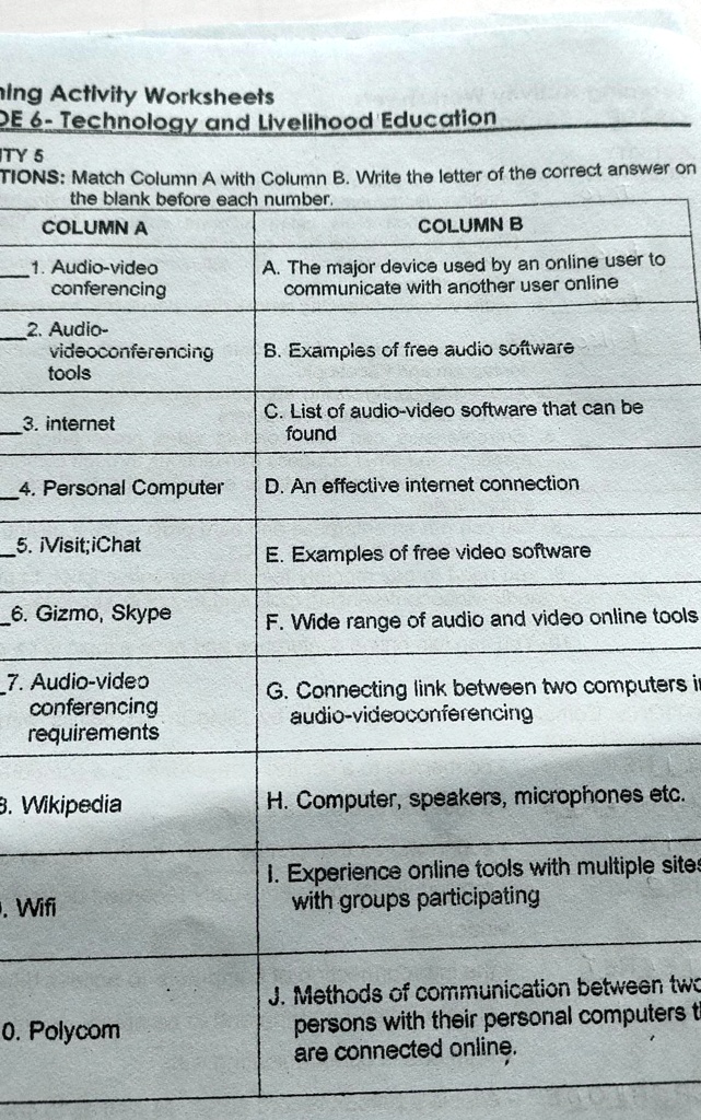 SOLVED: 'ACTIVITY 5 DIRECTIONS: Match Column A With Column B. Write The ...