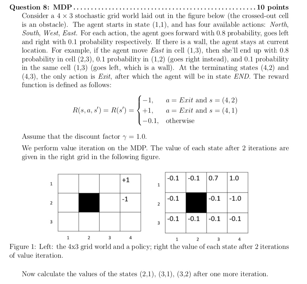 Question 8: MDP 10 points Consider a 4 x 3 stochastic grid world laid ...