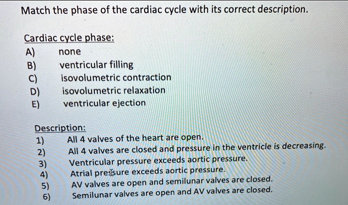 match the phase of the cardiac cycle with its correct description ...