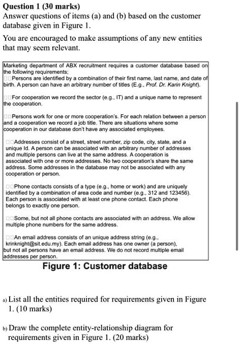 Question 1 (30 marks)
Answer questions of items (a) and (b) based on the customer
database given in Figure 1.
You are encouraged to make assumptions of any new entities
that may seem relevant.
Marketing department of ABX recruitment requires a customer database based on
the following requirements;
Persons are identified by a combination of their first name, last name, and date of
birth. A person can have an arbitrary number of titles (E.g., Prof. Dr. Karin Knight).
For cooperation we record the sector (e.g., IT) and a unique name to represent
the cooperation.
Persons work for one or more cooperation's. For each relation between a person
and a cooperation we record a job title. There are situations where some
cooperation in our database don't have any associated employees.
Addresses consist of a street, street number, zip code, city, state, and a
unique Id. A person can be associated with an arbitrary number of addresses
and multiple persons can live at the same address. A cooperation is
associated with one or more addresses. No two cooperation's share the same
address. Some addresses in the database may not be associated with any
cooperation or person.
Phone contacts consists of a type (e.g., home or work) and are uniquely
identified by a combination of area code and number (e.g., 312 and 123456).
Each person is associated with at least one phone contact. Each phone
belongs to exactly one person.
Some, but not all phone contacts are associated with an address. We allow
multiple phone numbers for the same address.
An email address consists of an unique address string (e.g.,
krinknight@sit.edu.my). Each email address has one owner (a person),
but not all persons have an email address. We do not record multiple email
addresses per person.
Figure 1: Customer database
a) List all the entities required for requirements given in Figure
1. (10 marks)
b) Draw the complete entity-relationship diagram for
requirements given in Figure 1. (20 marks)