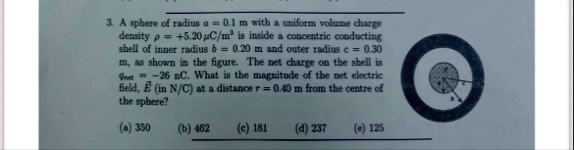 3 a sphere of radius a 01 m with a uniform volume charge density rho 520 mu cm3 is inside a concentric conducting shell of inner radius b 020 m and outer radius c 030 m as shown in the figur 27351