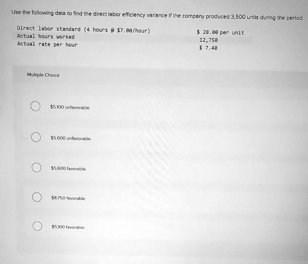 SOLVED: Use the following data to find the direct labor efficiency ...