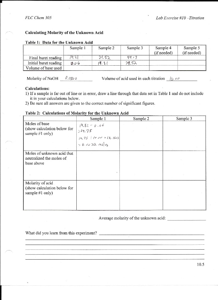 SOLVED need help calculating moles of unknown acid and molarity of