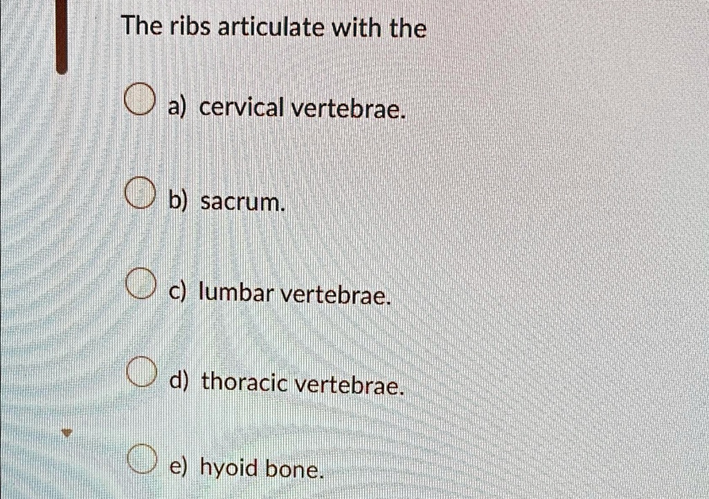 The ribs articulate with the a) cervical vertebrae. b) sacrum. c ...