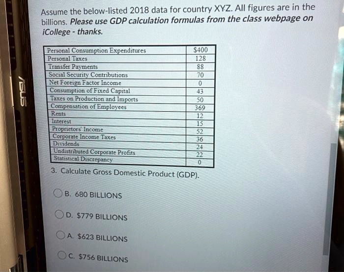 Assume the below-listed 2018 data for country XYZ. All figures are in the billions. Please use GDP calculation formulas from the class webpage on iCollege - thanks.

Personal Consumption Expenditures: 400
Personal Taxes: 128
Transfer Payments: 88
Social Security Contributions: 70
Net Foreign Factor Income: 0
Consumption of Fixed Capital: 43
Taxes on Production and Imports: 50
Compensation of Employees: 369
Rents: 12
Interest: 15
Proprietors' Income: 52
Corporate Income Taxes: 36
Dividends: 24
Undistributed Corporate Profits: 22
Statistical Discrepancy: 0

3. Calculate Gross Domestic Product (GDP).

B. 680 BILLIONS
D.779 BILLIONS
A. 623 BILLIONS
C.756 BILLIONS