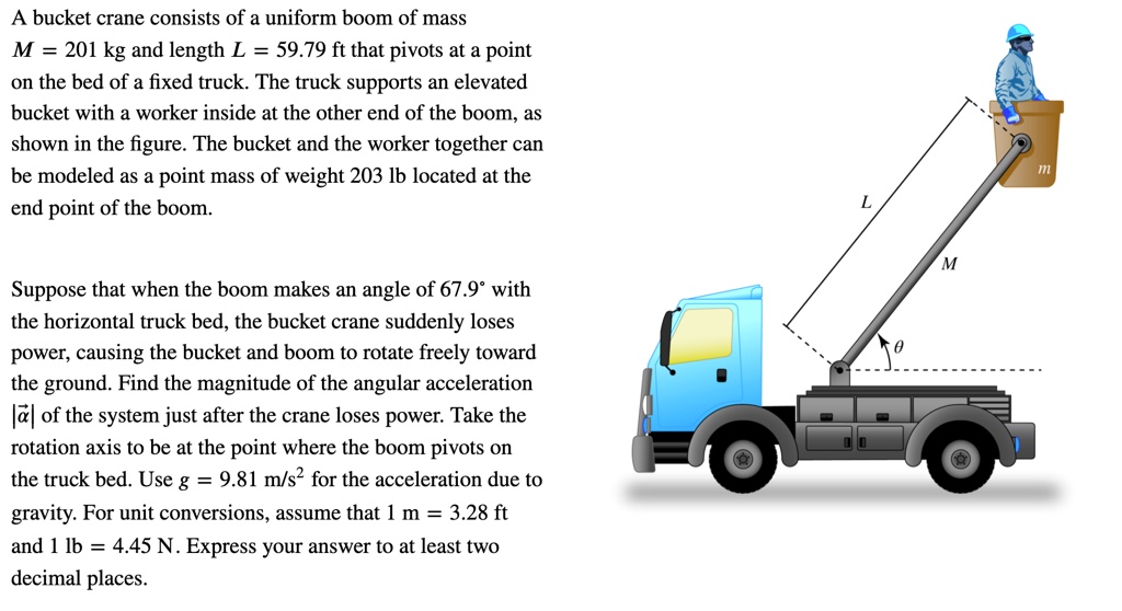 A bucket crane consists of a uniform boom of mass M = 201 kg and length L = 59.79 ft that pivots at a point on the bed of a fixed truck. The truck supports an elevated bucket with a worker inside at the other end of the boom, as shown in the figure. The bucket and the worker together can be modeled as a point mass of weight 203 lb located at the end point of the boom.

Suppose that when the boom makes an angle of 67.9° with the horizontal truck bed, the bucket crane suddenly loses power, causing the bucket and boom to rotate freely toward the ground. Find the magnitude of the angular acceleration |?| of the system just after the crane loses power. Take the rotation axis to be at the point where the boom pivots on the truck bed. Use g = 9.81 m/s² for the acceleration due to gravity. For unit conversions, assume that 1 m = 3.28 ft and 1 lb = 4.45 N. Express your answer to at least two decimal places.