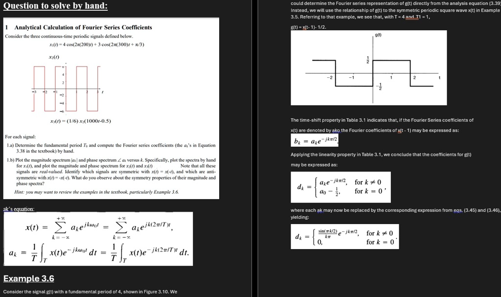 could determine the fourier series representation of gt directly from the analysis equation 339 instead we will use the relationship of gt to the symmetric periodic square wave xt in example 01705