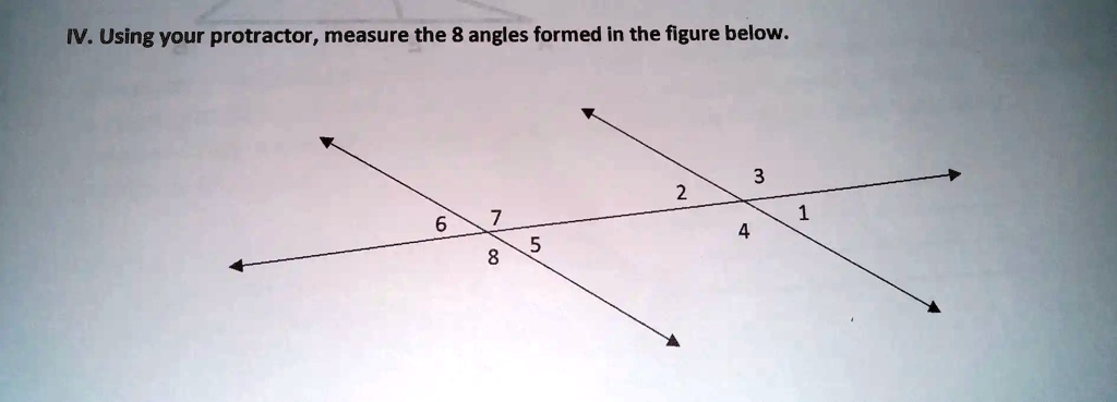 SOLVED: IV: Using your protractor, measure the 8 angles formed in the ...