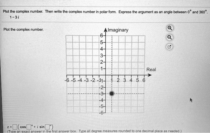Plot the complex number. Then write the complex number in polar form. Express the argument as an angle between 0° and 360°.
1-3i

Plot the complex number.
Imaginary
Real
z = (cos ° + i sin °)
(Type an exact answer in the first answer box. Type all degree measures rounded to one decimal place as needed.)