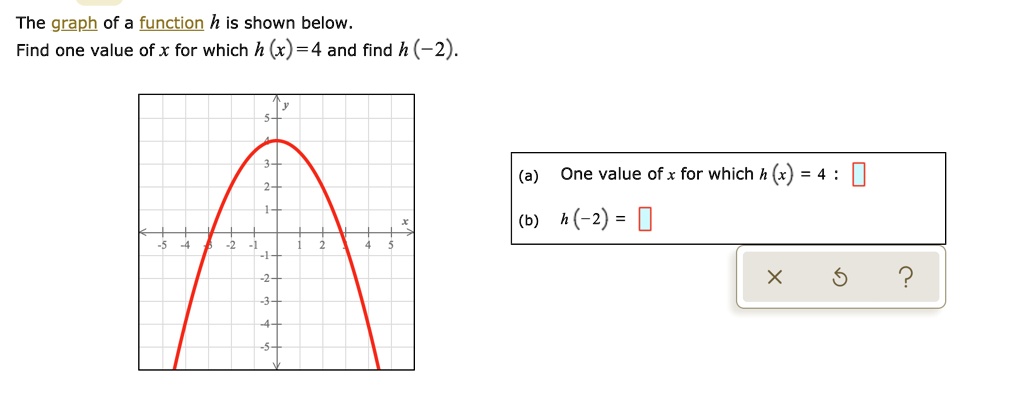 The graph of a function h is shown below.
Find one value of x for which h (x) = 4 and find h (-2).
(a) One value of x for which h (x) = 4 :
(b) h (-2) =