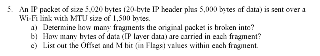 SOLVED: 5. An IP packet of size 5,020 bytes (20-byte IP header plus ...