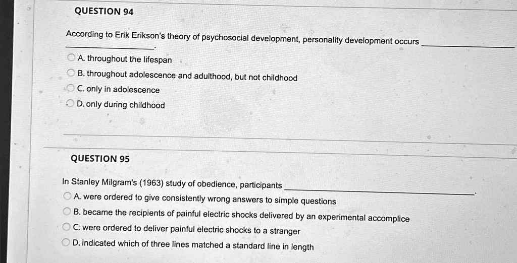 SOLVED QUESTION 94 According to Erik Erikson's theory of psychosocial development, personality