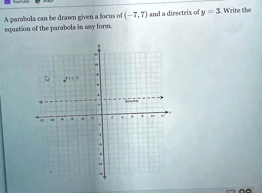 A parabola can be drawn given a focus of (-7, 7) and a directrix of y = 3. Write the equation of the parabola in any form.