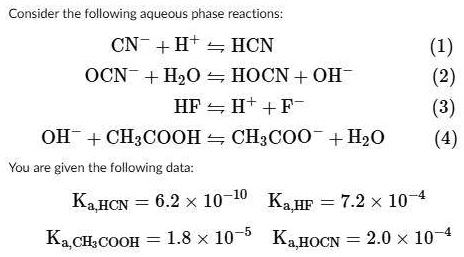 SOLVED: Consider the following aqueous phase reactions: CN- + H+ â ...