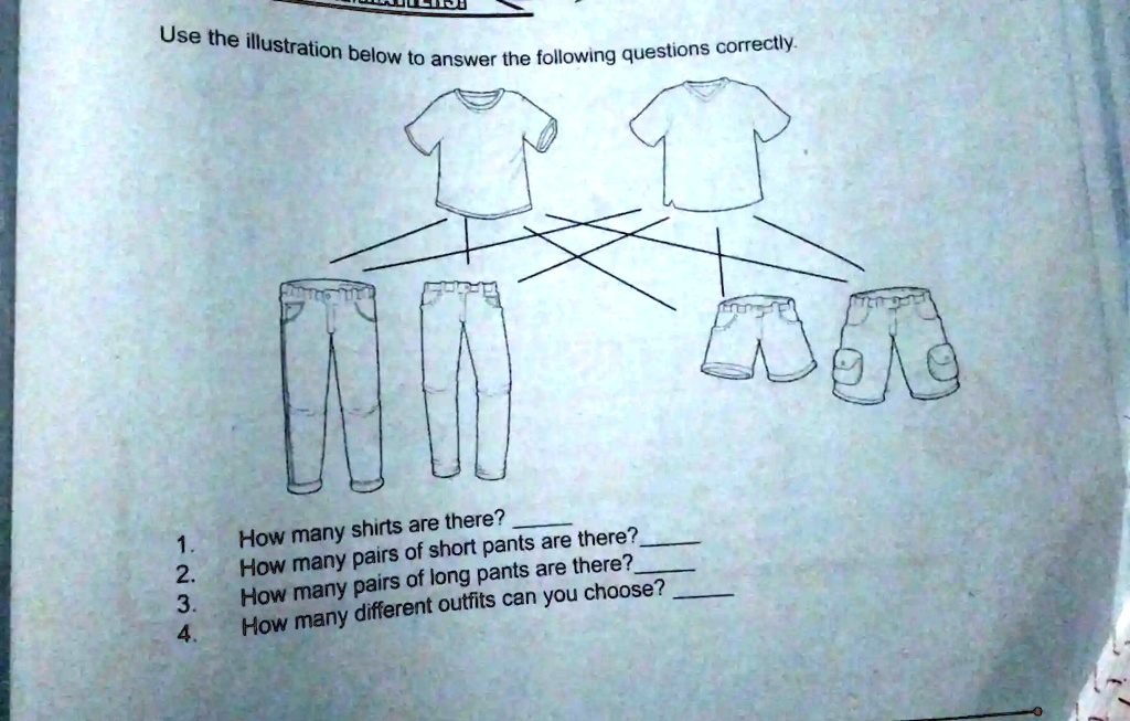 Use the illustration below to answer the following questions correctly.
1. How many shirts are there?
2. How many pairs of short pants are there?
3. How many pairs of long pants are there?
4. How many different outfits can you choose?