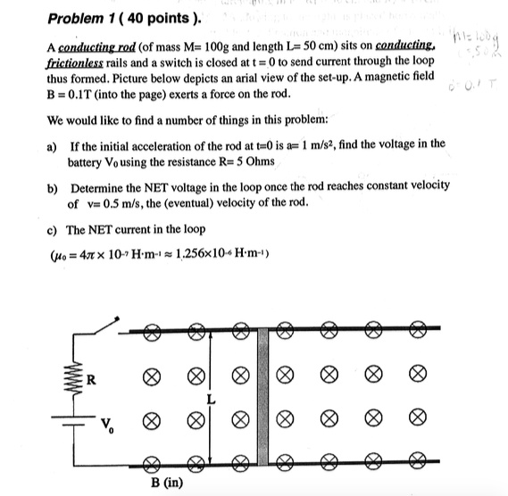 Solved Problem 1 40 Points I H A Conducting Rod Of Mass M Og And Length L 5o Cm Sits On Conducting Frictionless Rils And Switch Is Closed At T