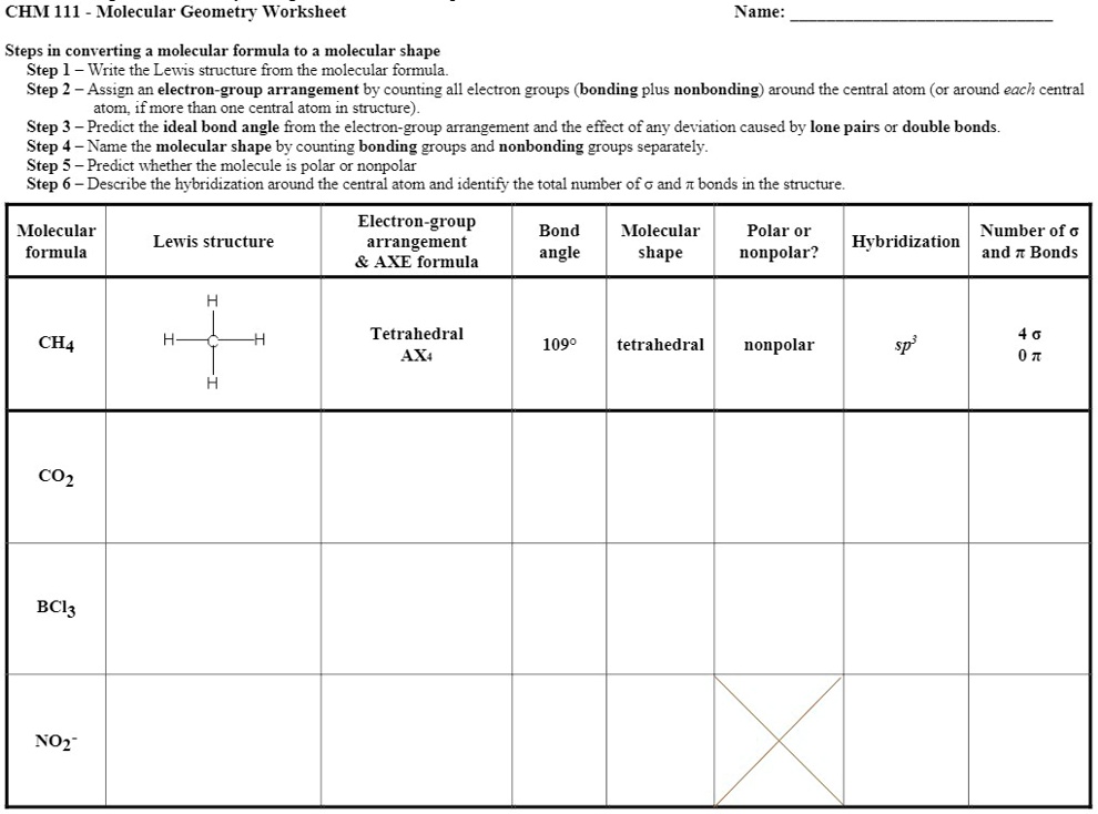 CHM 111 - Molecular Geometry Worksheet Steps in converting a molecular ...