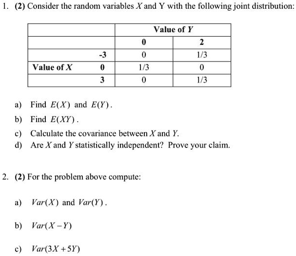 SOLVED Consider the random variables X and Y with the following joint distribution Value of Y