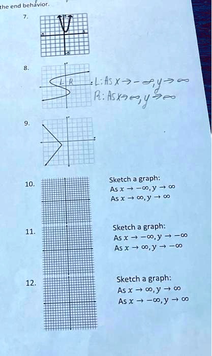 the end behavior.
7.
8.
LR
L: As x???, y??
R: As x??, y??
9.
10.
Sketch a graph:
As x ? ??, y ? ?
As x ? ?, y ? ?
11.
Sketch a graph:
As x ? ??, y ? ??
As x ? ?, y ? ??
12.
Sketch a graph:
As x ? ?, y ? ?
As x ? ??, y ? ?