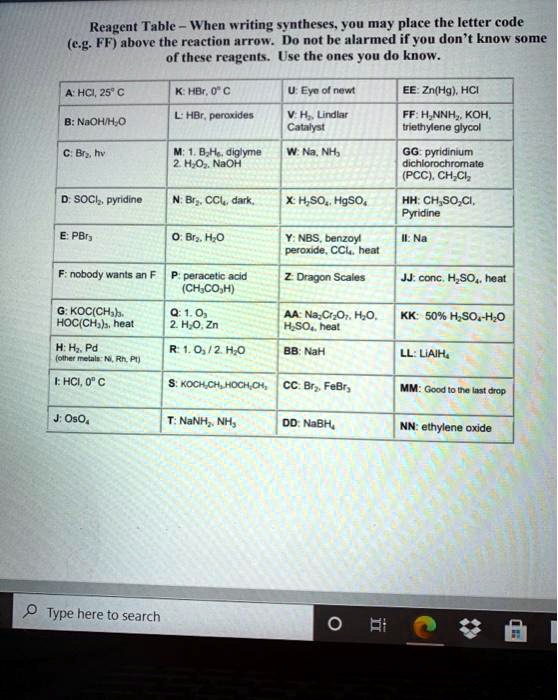 SOLVED: Reagent Table When writing syntheses, you may place the letter ...